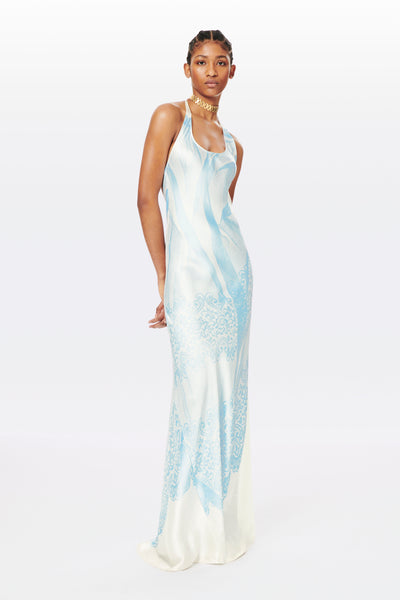 Victoria Beckham Printed Floor Length Cami Dress in White and Oxford Blue