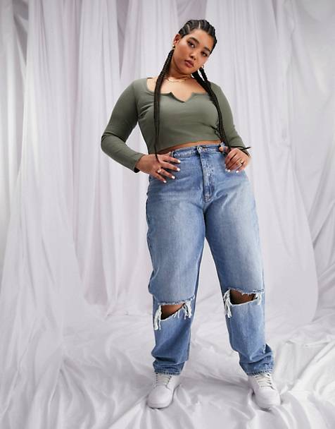 ASOS Curve High Waist 'Slouchy' Mom Jeans in Stonewash With Rips