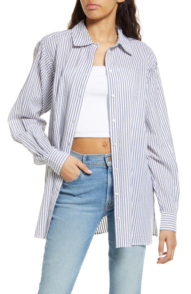Topshop Stripe Cotton Seersucker Button-Up Shirt