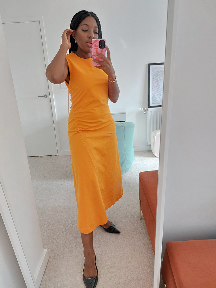 COS midi dress: orange midi gathered dress