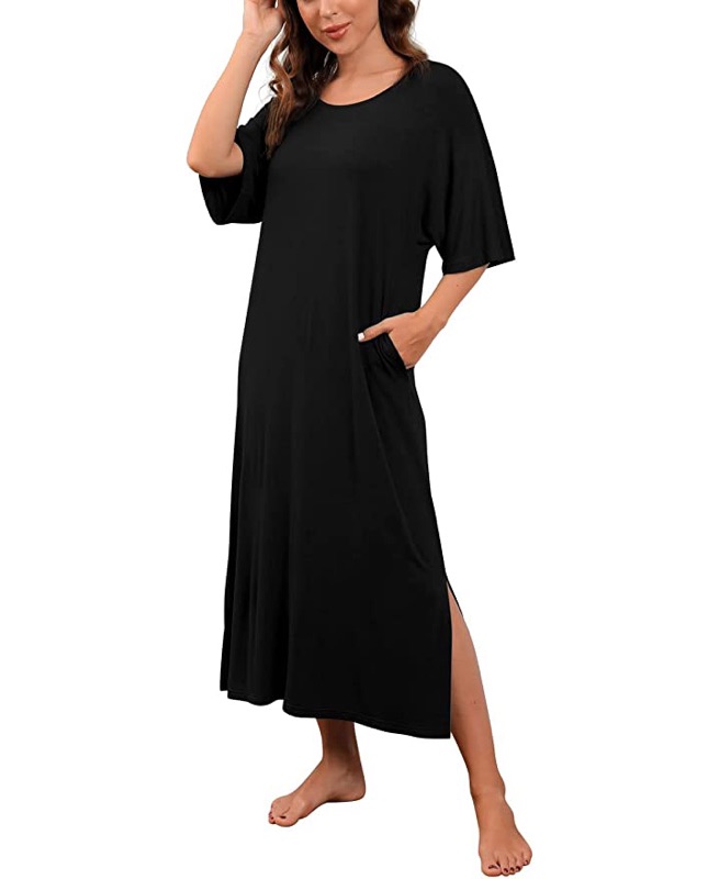 Lusofie Women Cotton Nightie Striped Long Nightdress Short Sleeve Sleepwear with Button 