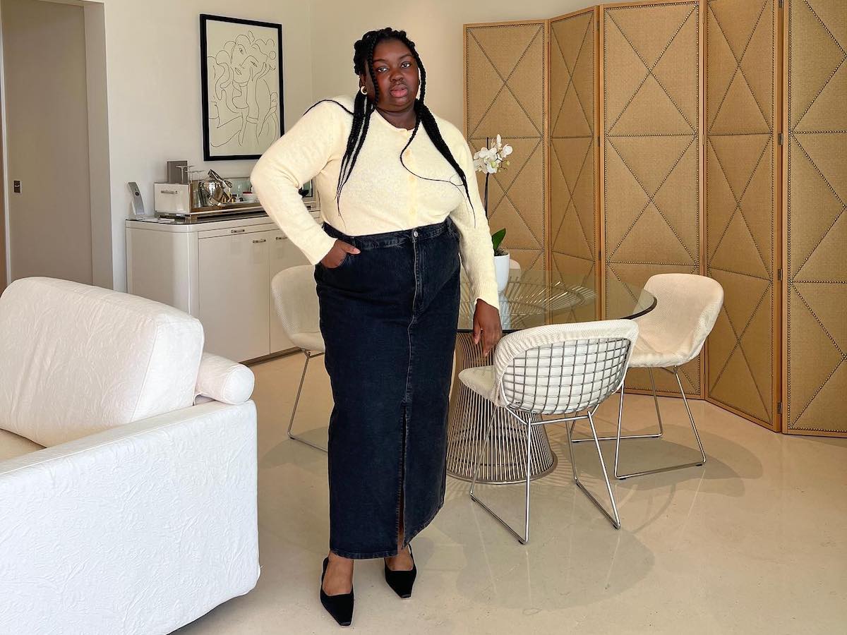 Influencer Abisola Omole 30 Heels Under Two Inches Long Denim Skirt Black Suede Slingback Kitten Heel