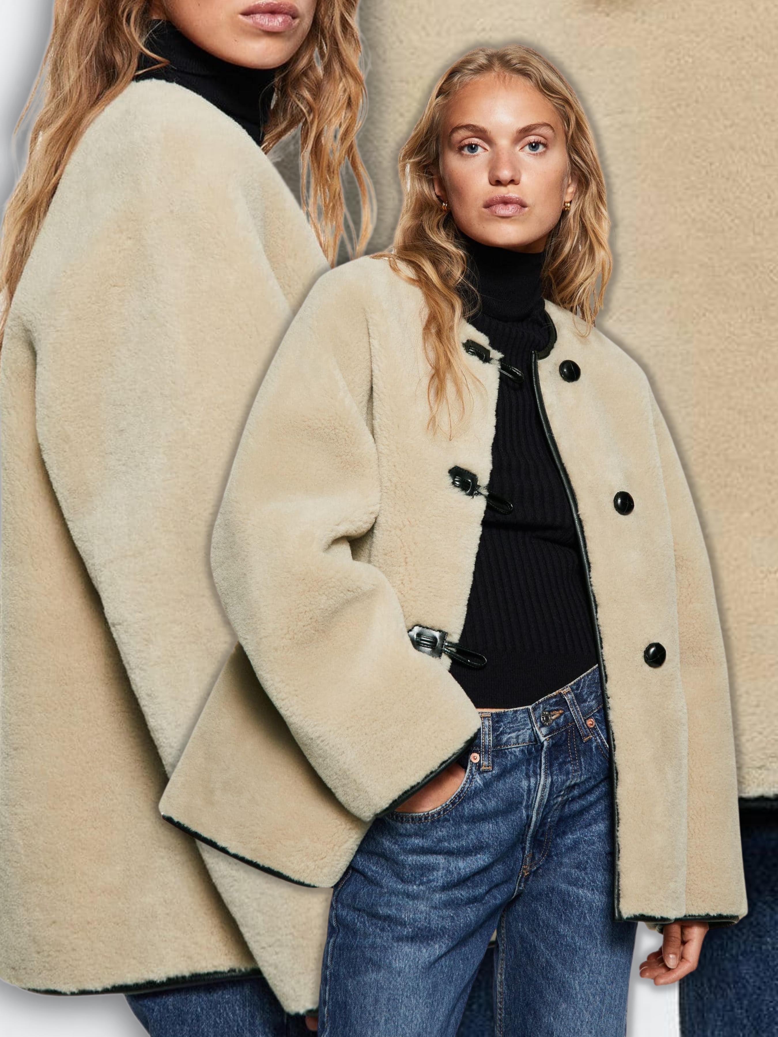 Model wears mango's faux fur toggle jacket