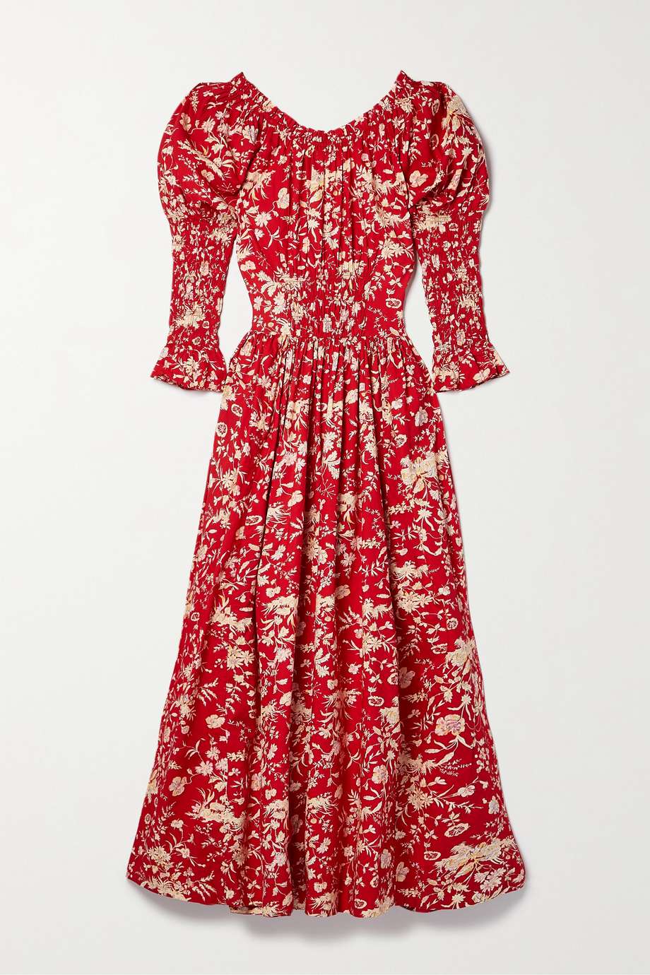 Dôen Meribel Shirred Floral-Print Cotton-Poplin Midi Dress