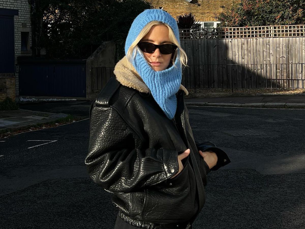 British Influencer Lucy Williams 5 Editor-Approved Fashion Trends Blue Knit Balaclava