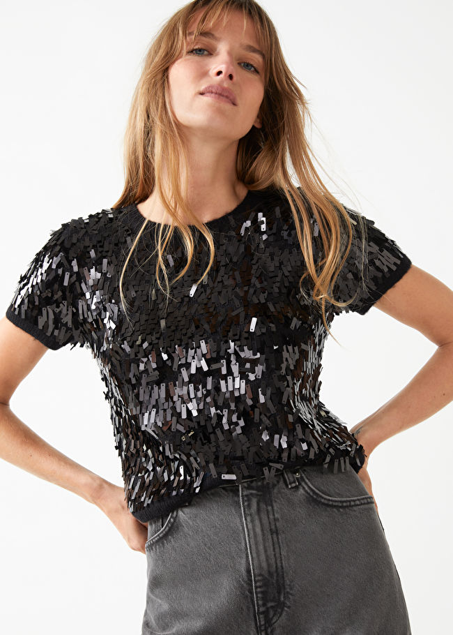 & Other Stories Knitted Sequin Cropped Top