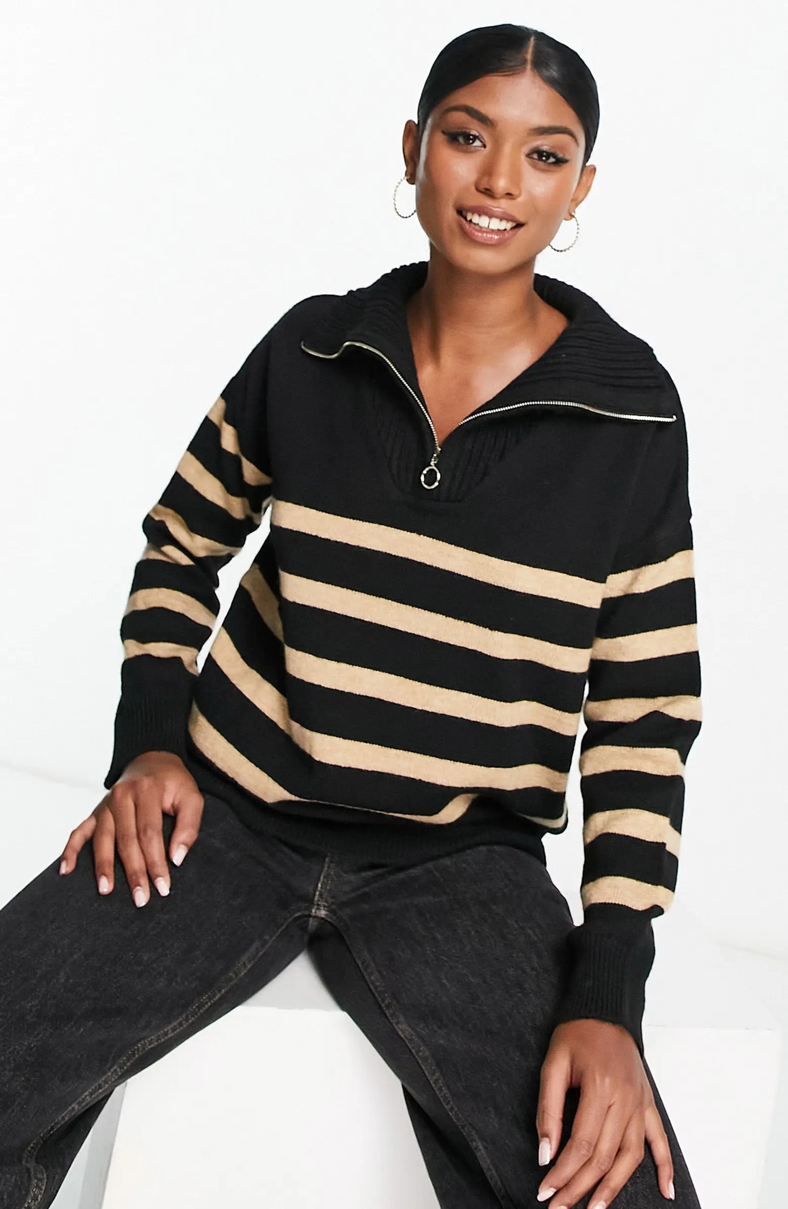 Asos Design Stripe Quarter Zip Pullover Sweater