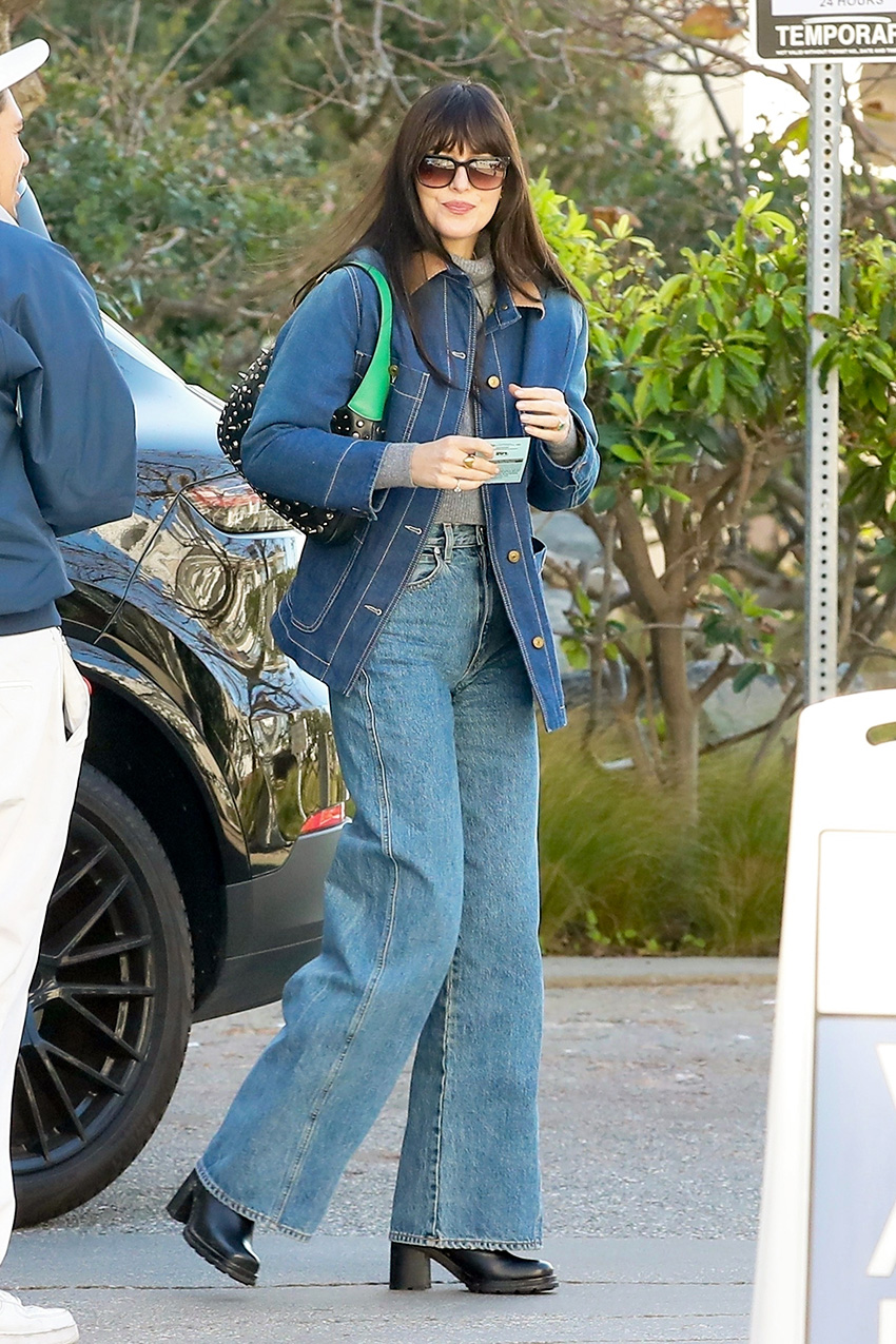 Dakota Johnson wearing wide-leg jeans