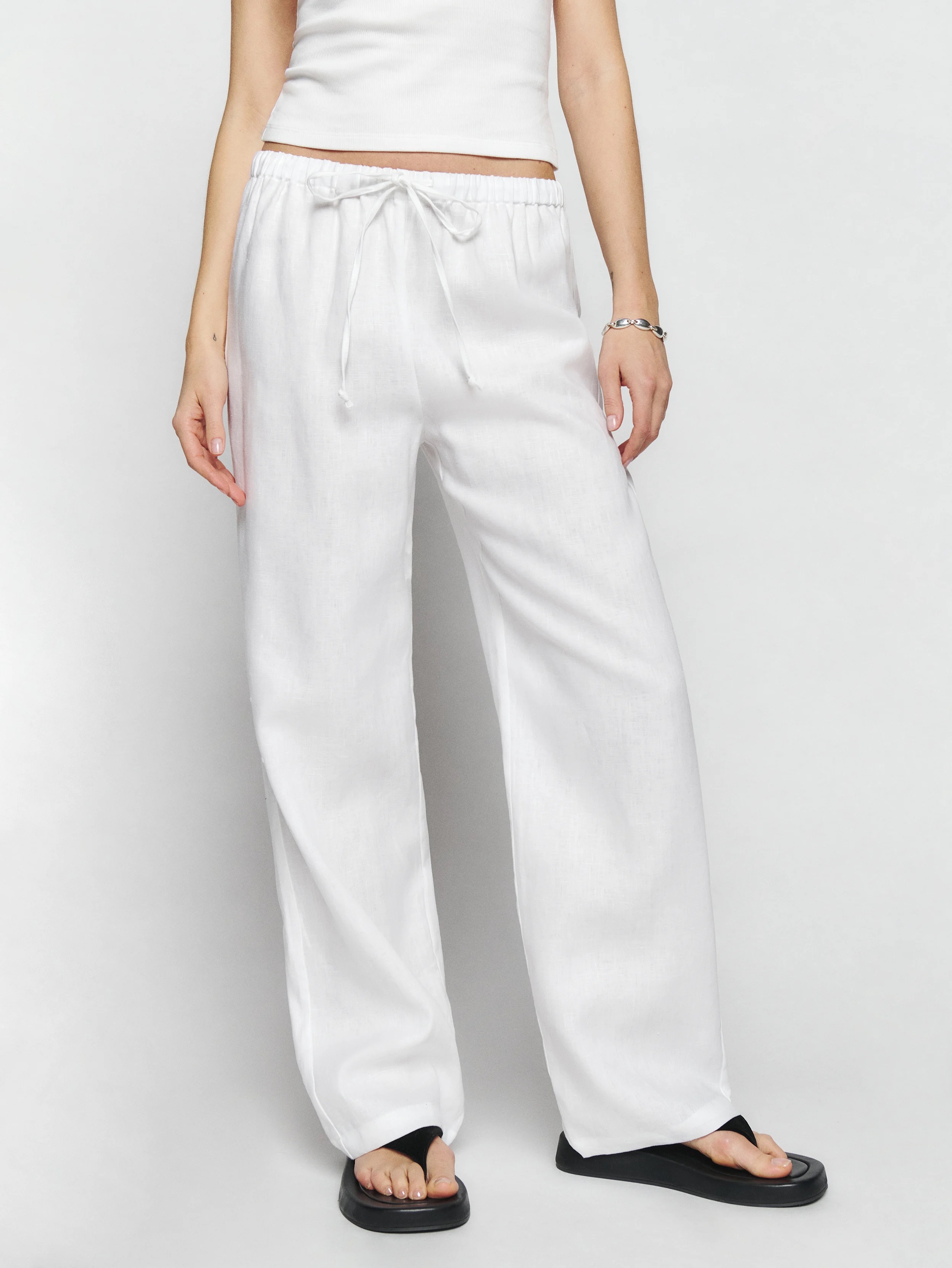 White Button Sides Wide Leg Linen Trousers | Designer Desirables