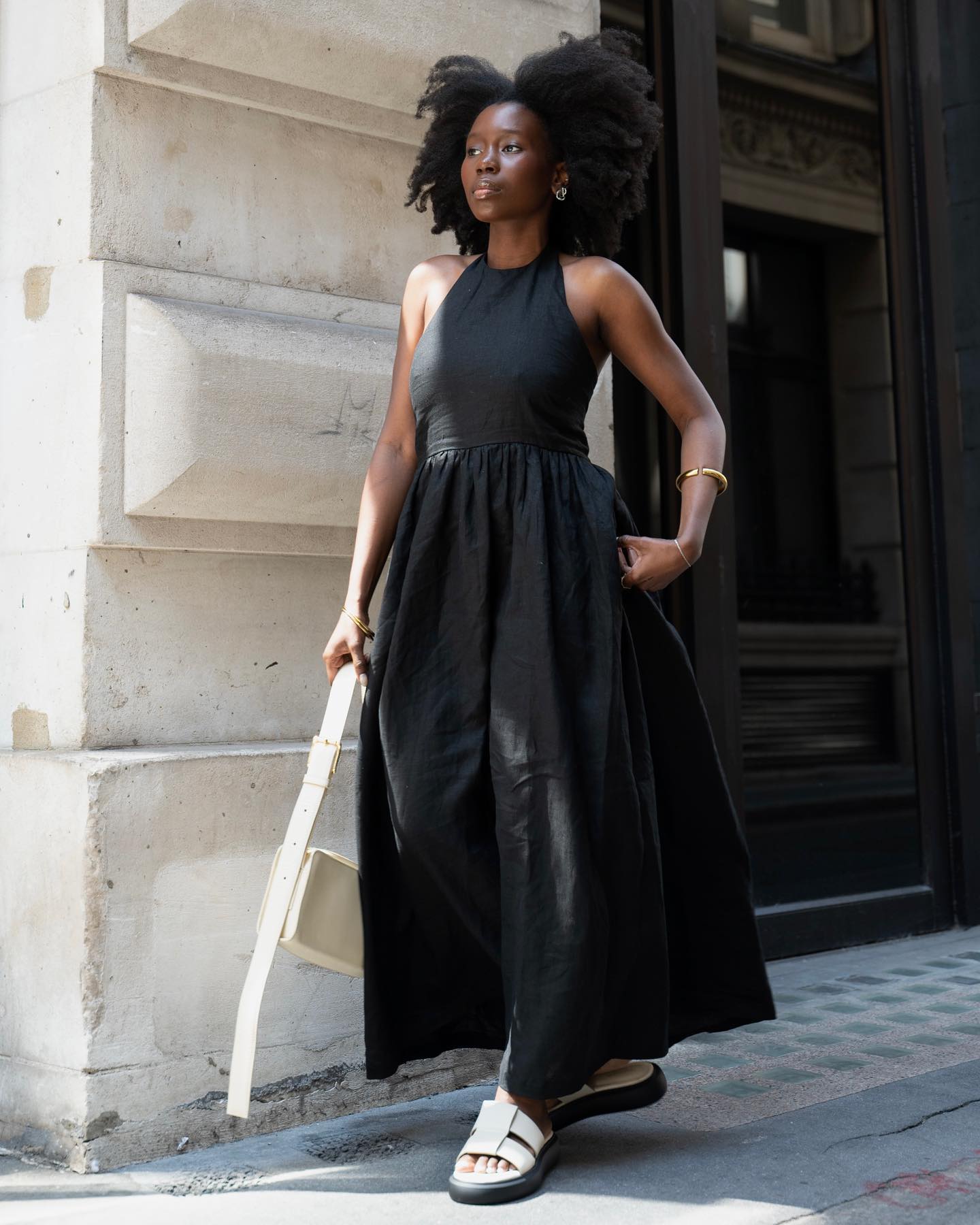 How Fashion People Wear Simple Black Dresses and Sandals | Who What Wear
