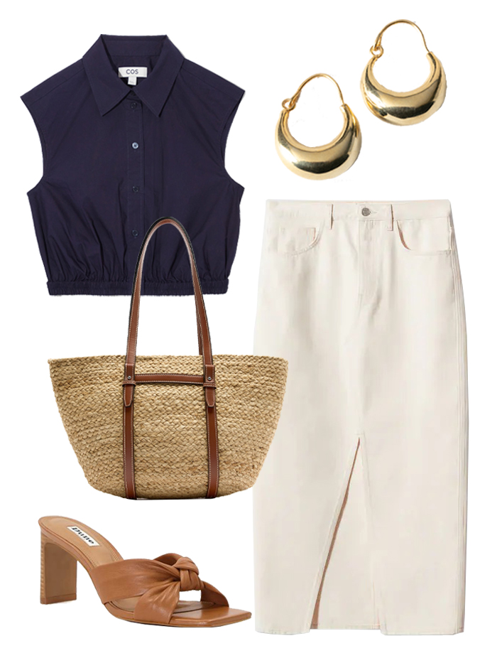 Crop top outfits: a cropped shirt, white denim skirt and mules