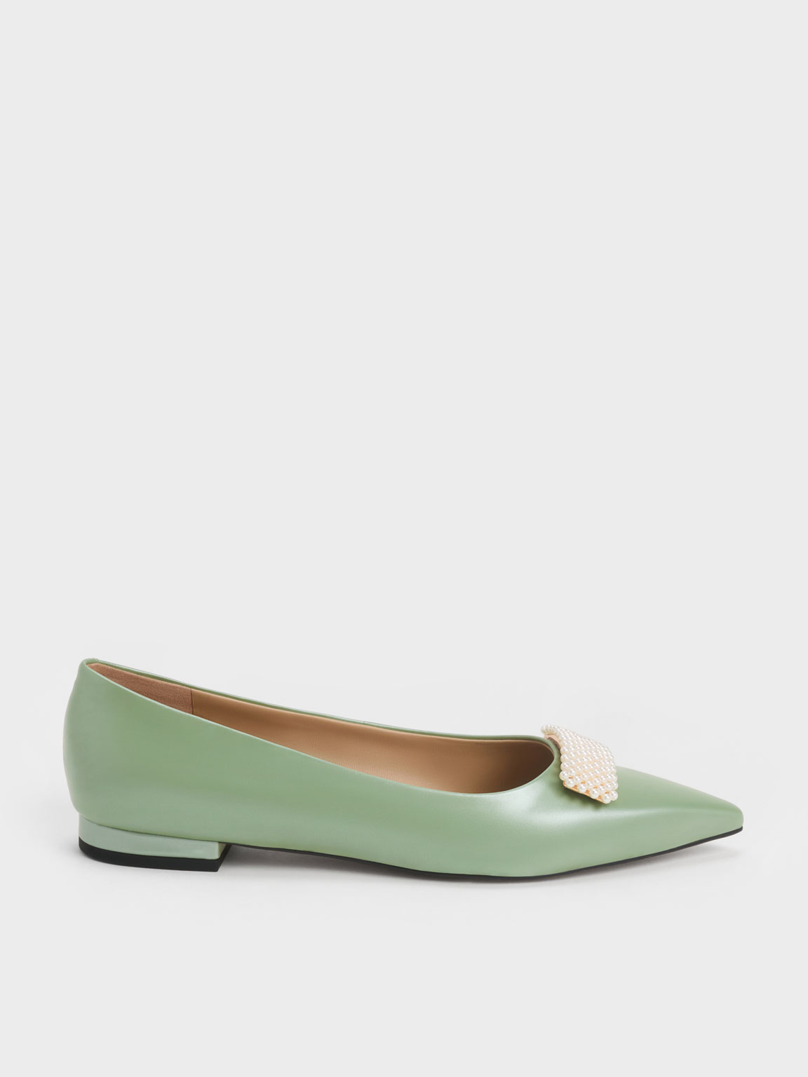 Charles & Keith Green Leather Pointed-Toe Beaded Ballerinas