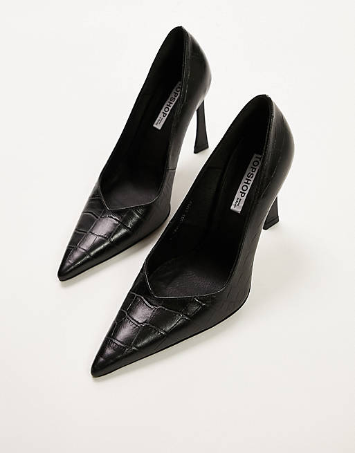 Topshop Carla Premium Leather Heeled Court Shoe in Black