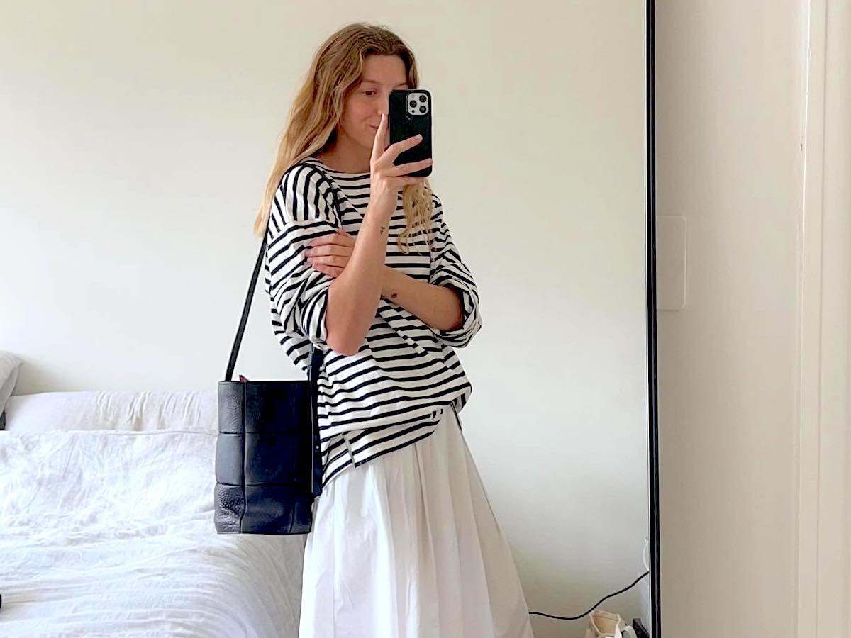 14 Stylish Ways to Wear the White Maxi Skirts Trend for Fall Brittany Bathgate Striped Shirt
