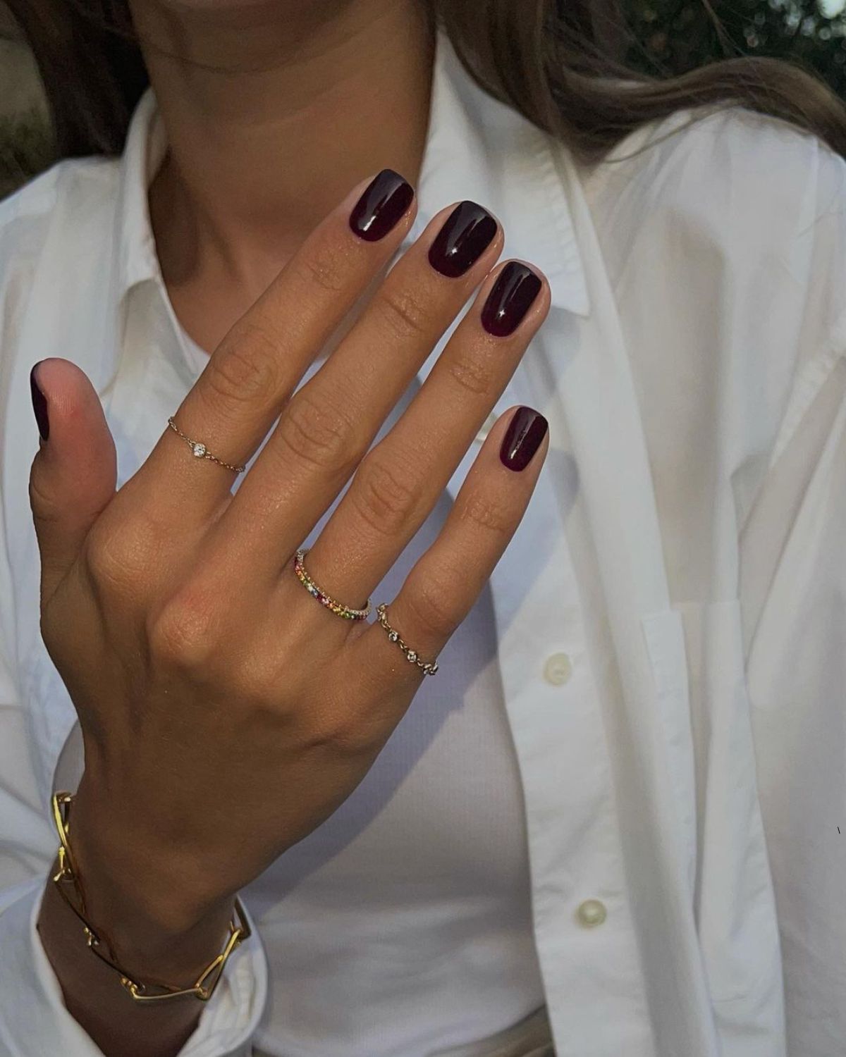short, square burgundy nails