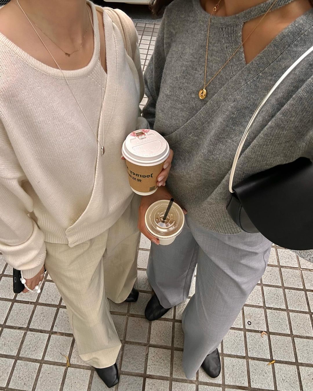 Winter Trouser Trends: @michellelin.lin and a friend wear tailored trousers and matching jumpers