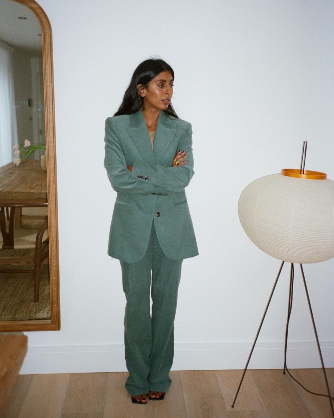 Dated Winter Trends: @monikh wears a corduroy suit in a teal colour