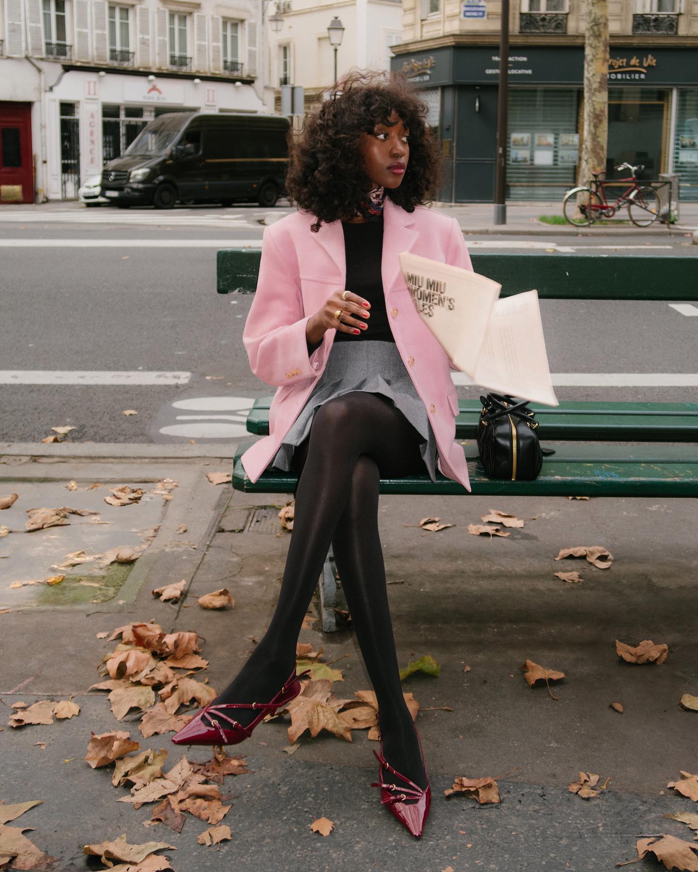 pink blazer and mini skirt outfit with tights and strappy miu miu heels