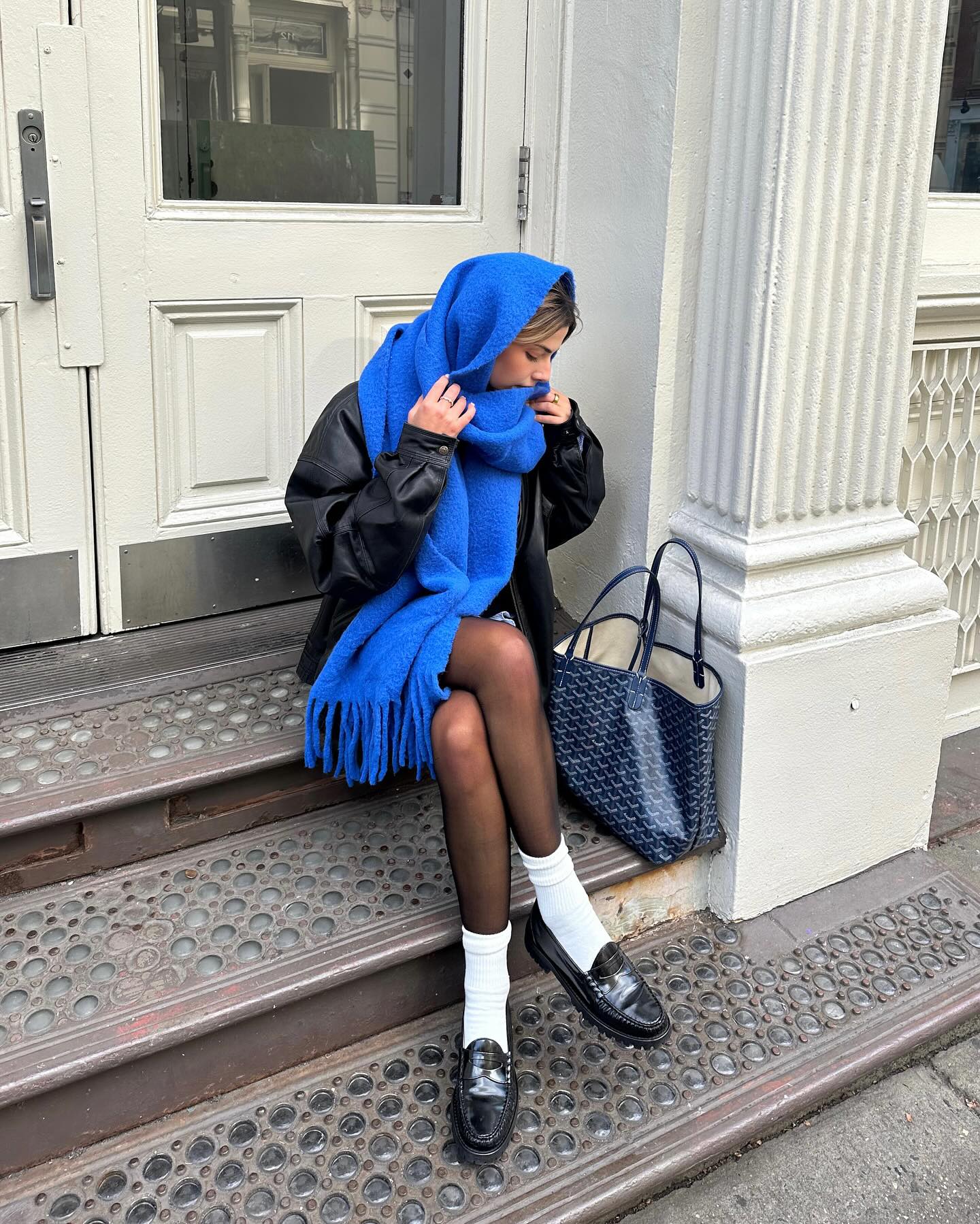 Kit Keenan Tights blue scarf loafers and socks goyard bag