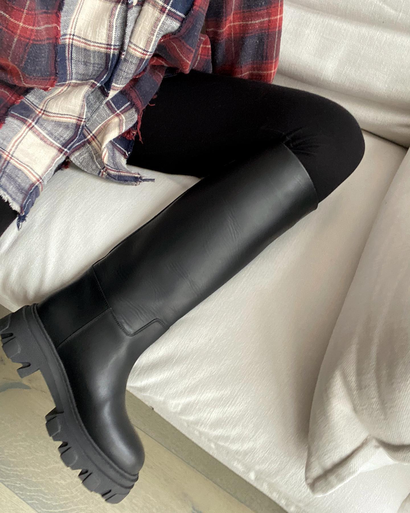 Influencer Monikh 30 Fall Outfit Ideas Plaid Shirt Lug Sole Knee High Boots