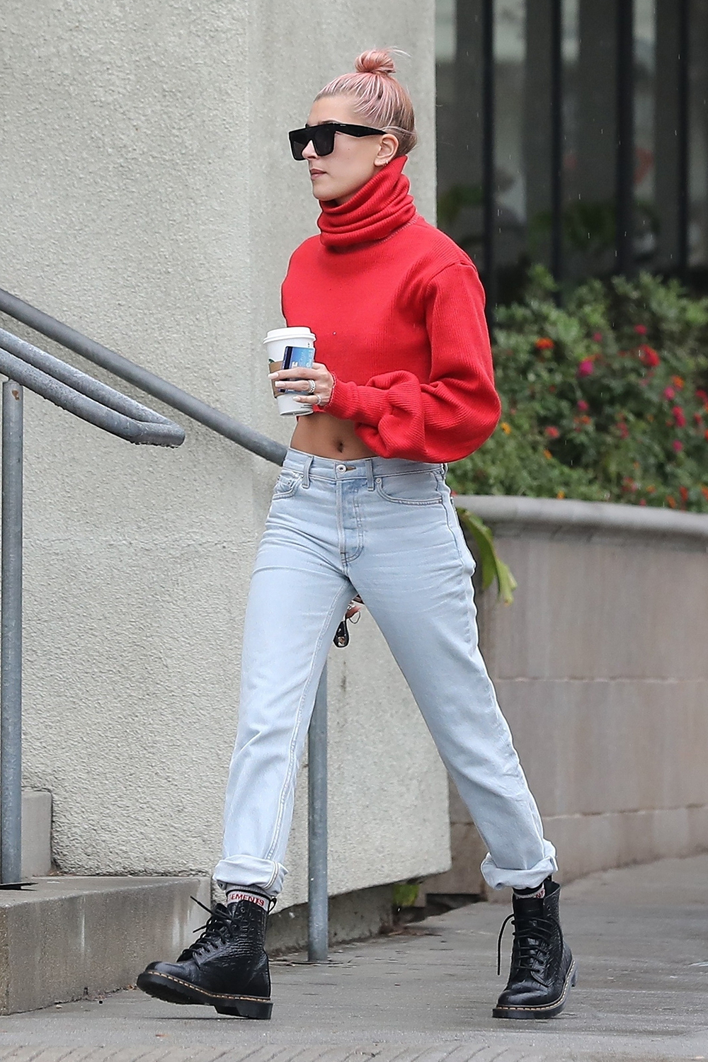 Hailey Baldwin cropped sweater and jeans